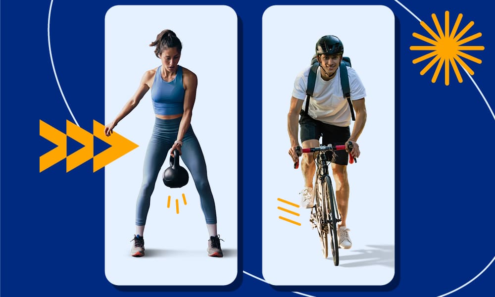 Eine erstellte Grafik mit zwei Modulen. Auf einem Modul ist eine Frau mit einem Kettlebell zu sehen und auf dem anderen Modul ein Mann auf einem Fahrrad.