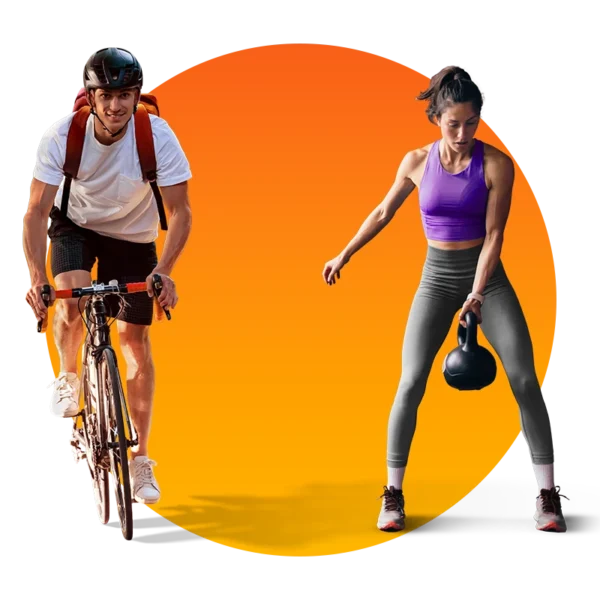 website-header-mitglieder Ein Mann auf einem Fahrrad und eine Frau mit einem Kettlebell in der Hand.