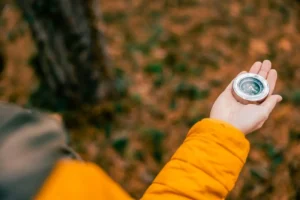 Hand hält zur Orientierung einen Kompass über herbstlichem Waldboden.
