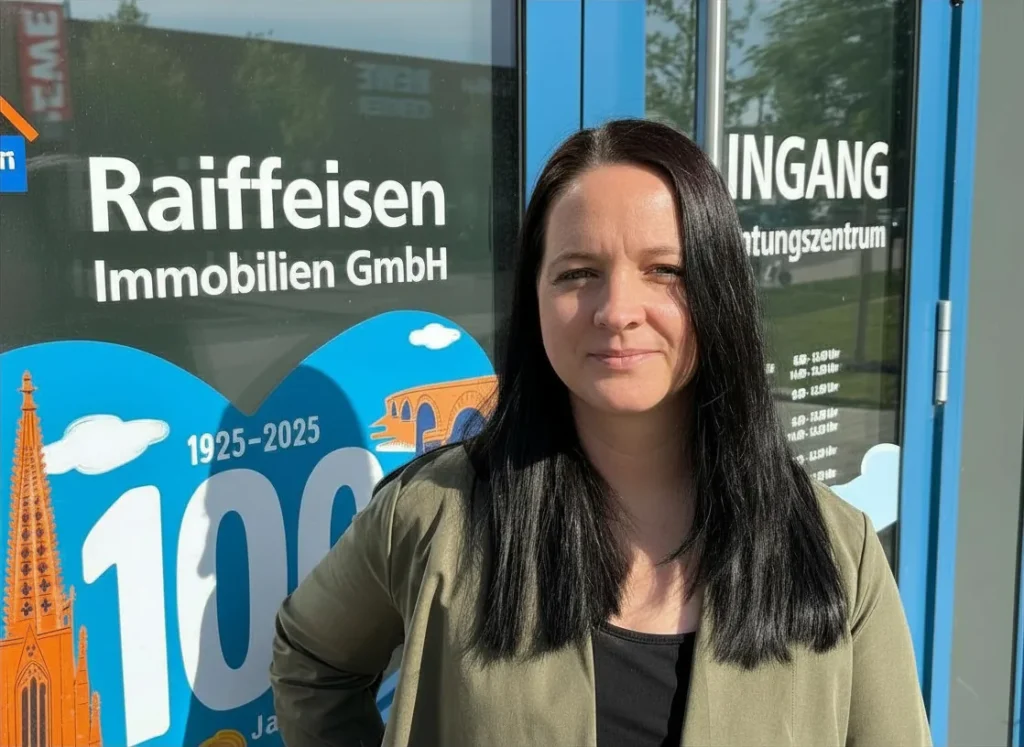 eg-raiffeisenbank-rw-4-portrait Steffi Umkehrer, Mitarbeiterin der Raiffeisenbank Regensburg-Wenzenbach eG, vor dem Eingang der Filiale